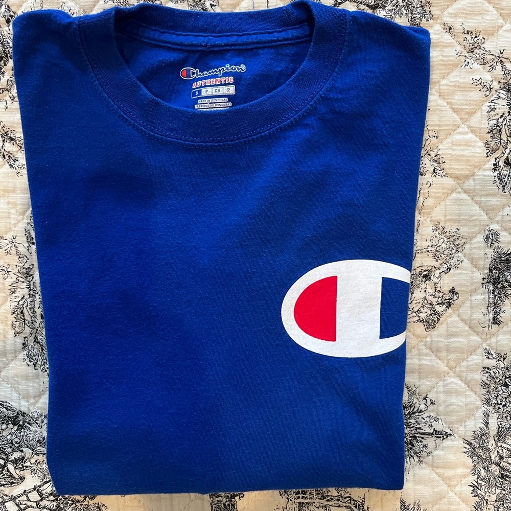 Men’s Champion Heritage Long-Sleeve Tee with “C” and “Champion”, Size Small